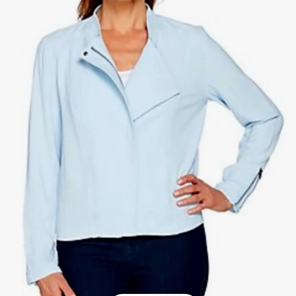 Lisa Rinna Collection Plus Size Light Blue Asymmetrical Zip Crepe Jacket